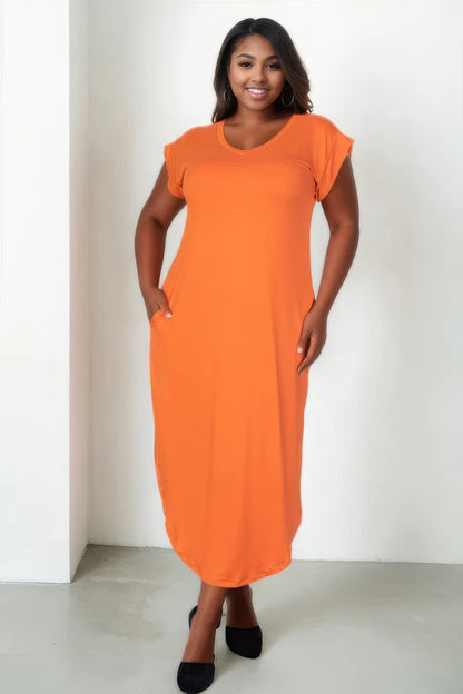 Plus Size Hidden Pocket Batwing Sleeve V Neck Long Dress - Orange