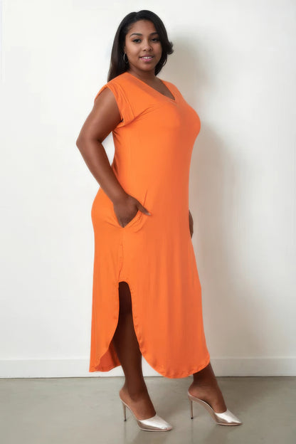 Plus Size Hidden Pocket Batwing Sleeve V Neck Long Dress - Orange