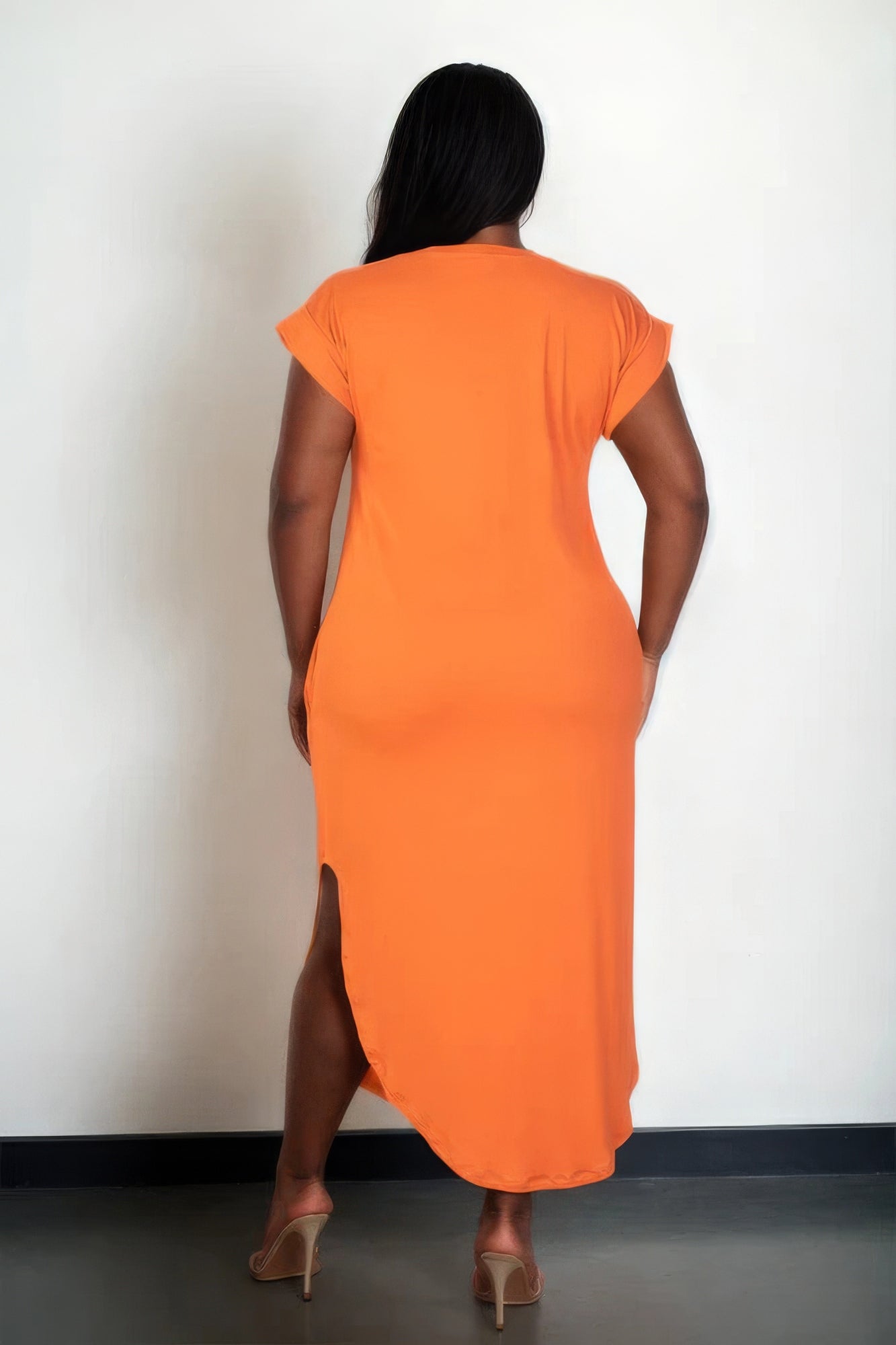 Plus Size Hidden Pocket Batwing Sleeve V Neck Long Dress - Orange
