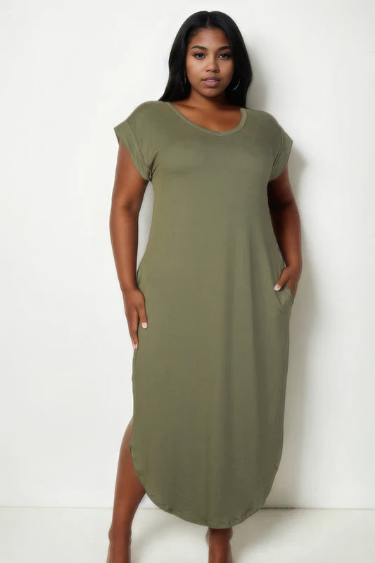 Plus Size Hidden Pocket Batwing Sleeve V Neck Long Dress - Olive