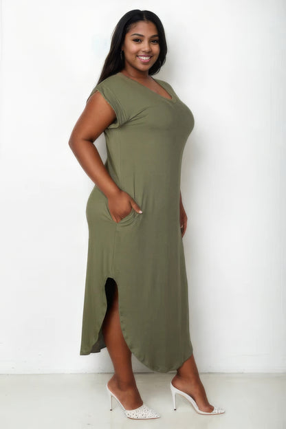 Plus Size Hidden Pocket Batwing Sleeve V Neck Long Dress - Olive