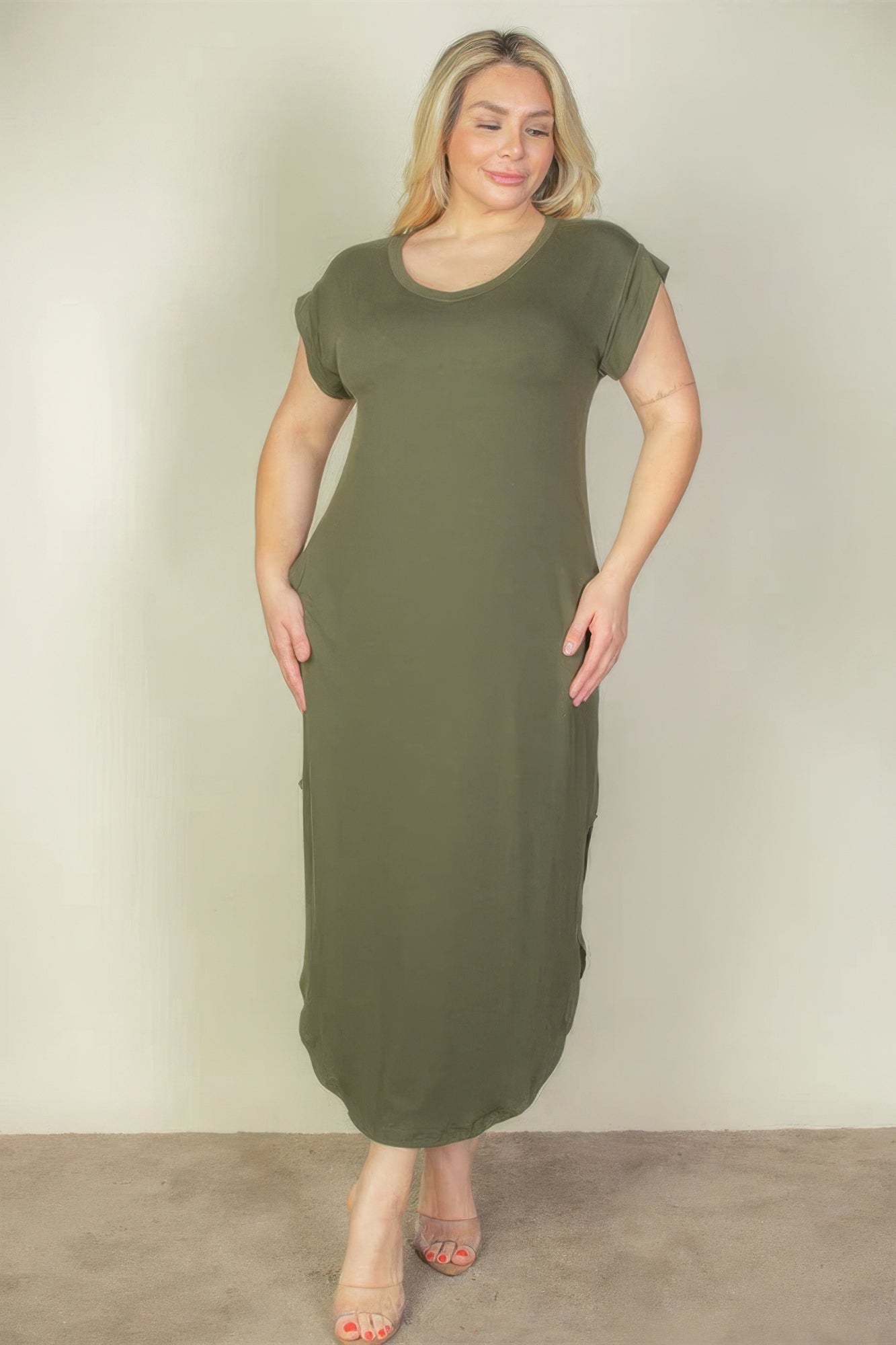 Plus Size Hidden Pocket Batwing Sleeve V Neck Long Dress - Olive