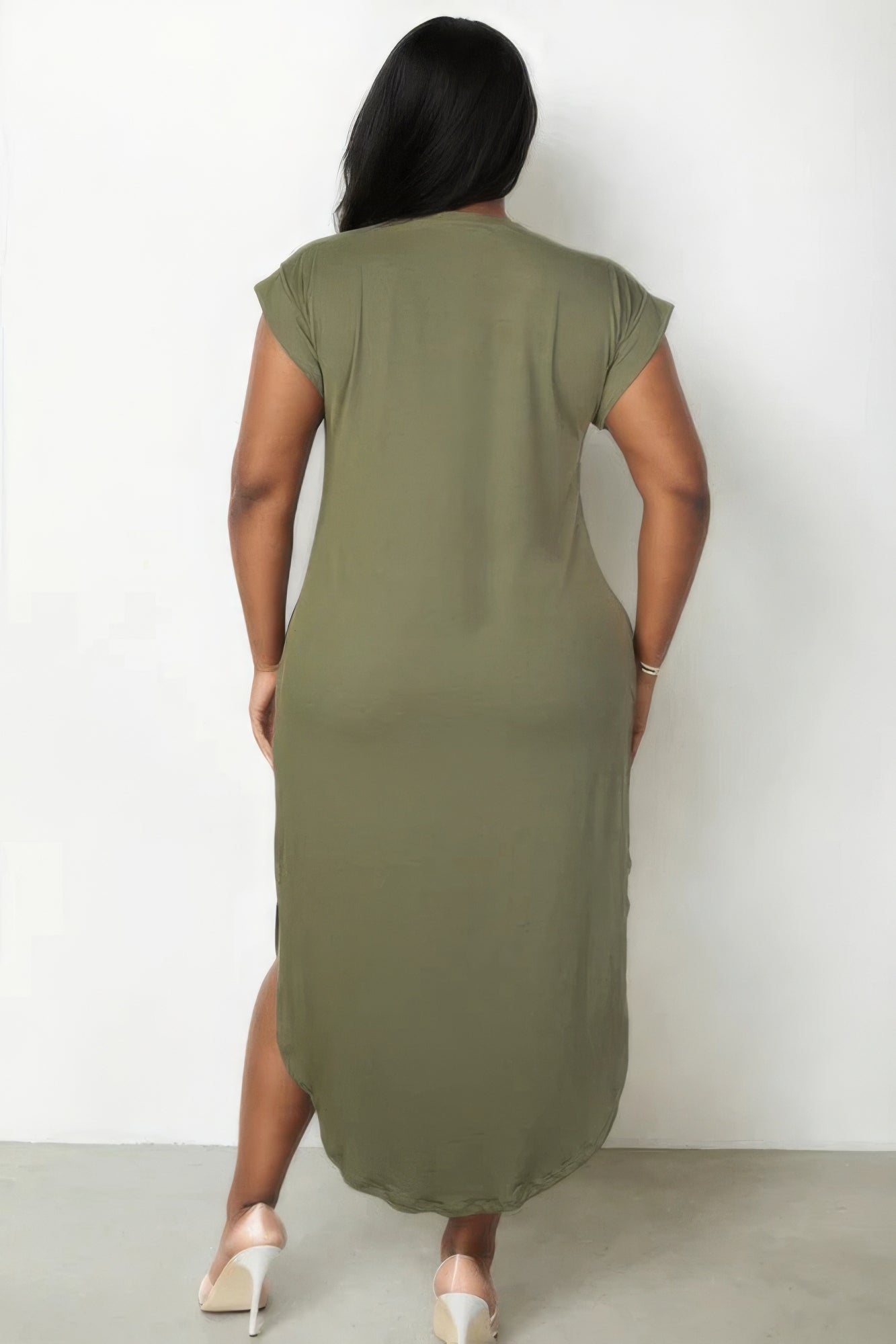 Plus Size Hidden Pocket Batwing Sleeve V Neck Long Dress - Olive
