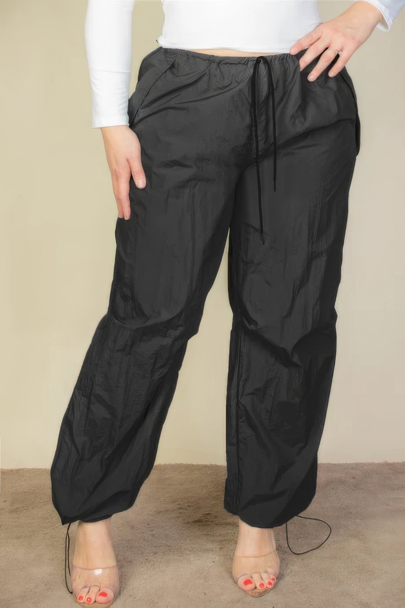 Plus Size Drawstring Waist Parachute Pants - Black
