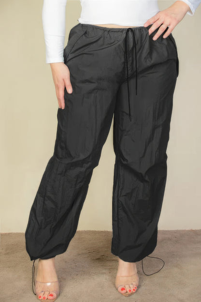 Plus Size Drawstring Waist Parachute Pants - Black