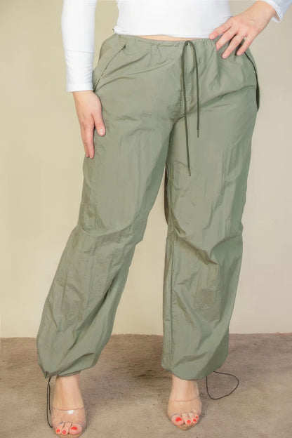 Plus Size Drawstring Waist Parachute Pants - Olive Green