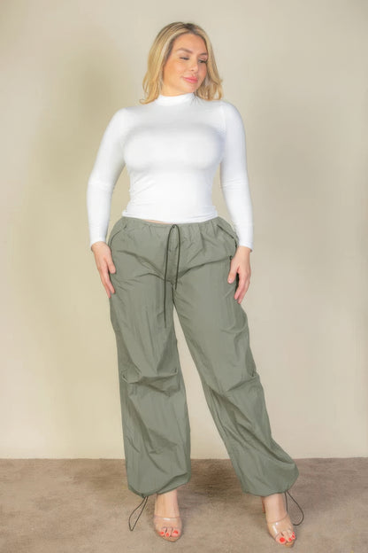 Plus Size Drawstring Waist Parachute Pants - Olive Green