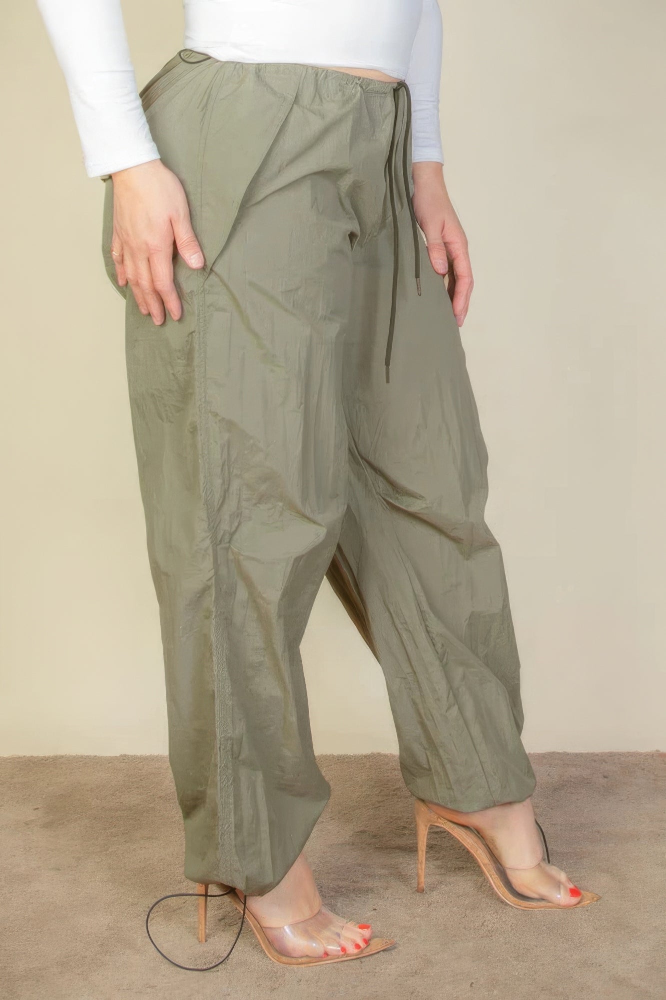 Plus Size Drawstring Waist Parachute Pants - Olive Green