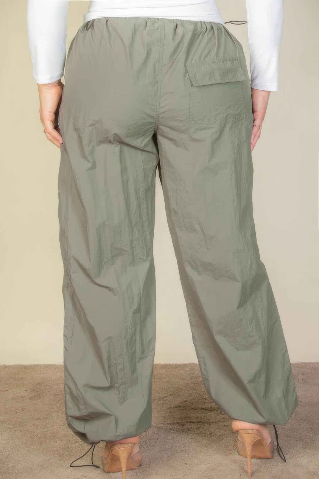Plus Size Drawstring Waist Parachute Pants - Olive Green