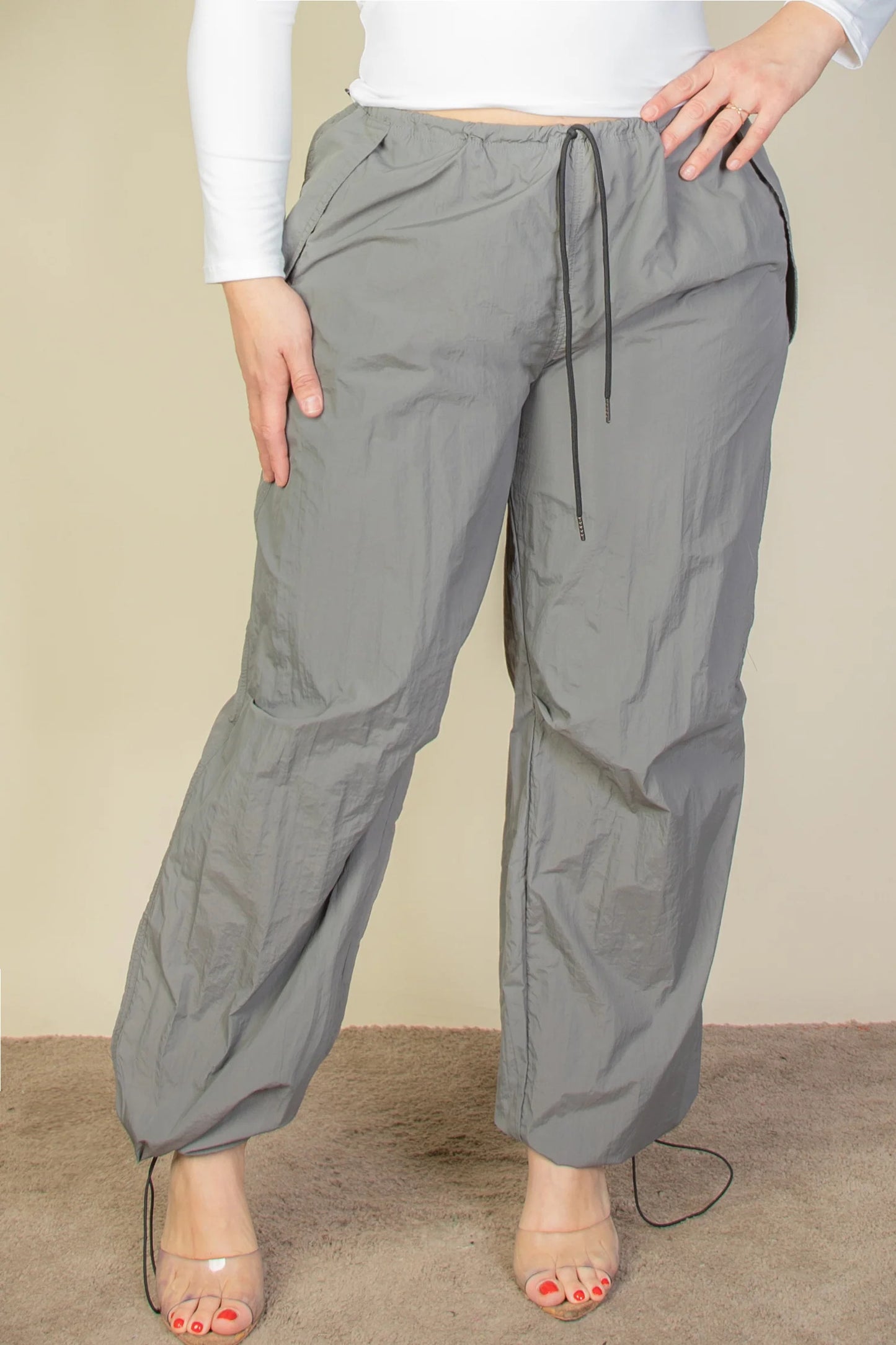 Plus Size Drawstring Waist Parachute Pants - Pewter