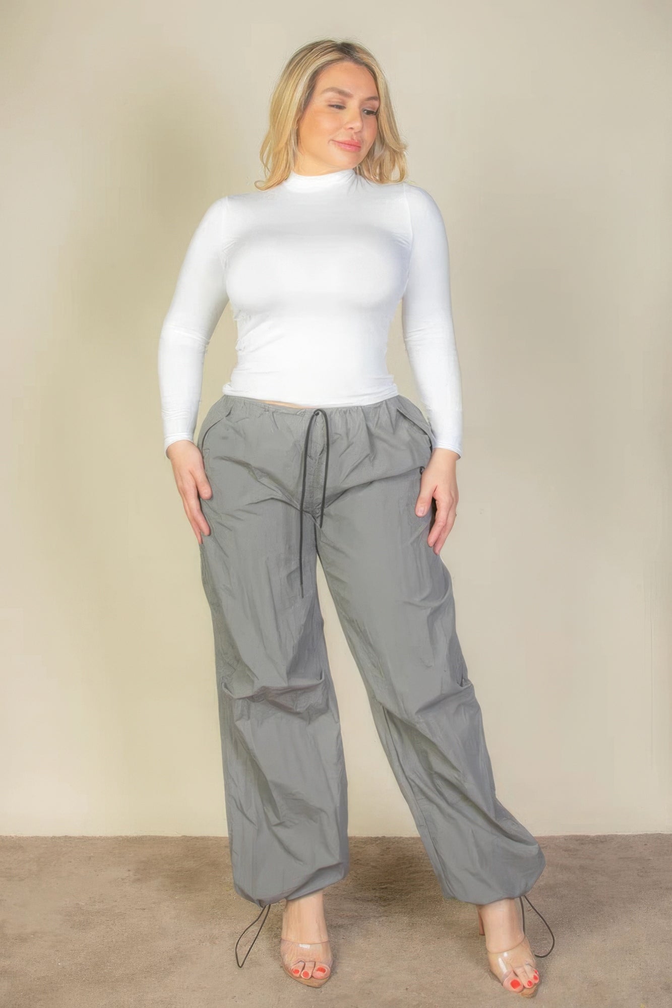 Plus Size Drawstring Waist Parachute Pants - Pewter