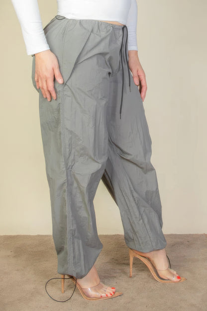 Plus Size Drawstring Waist Parachute Pants - Pewter