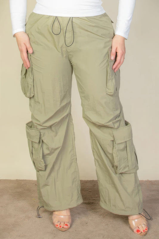 Plus Size Flap Pockets Drawstring Ruched Parachute Pants - Olive
