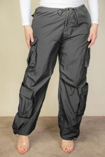 Plus Size Flap Pockets Drawstring Ruched Parachute Pants - Black