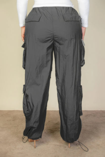 Plus Size Flap Pockets Drawstring Ruched Parachute Pants - Black