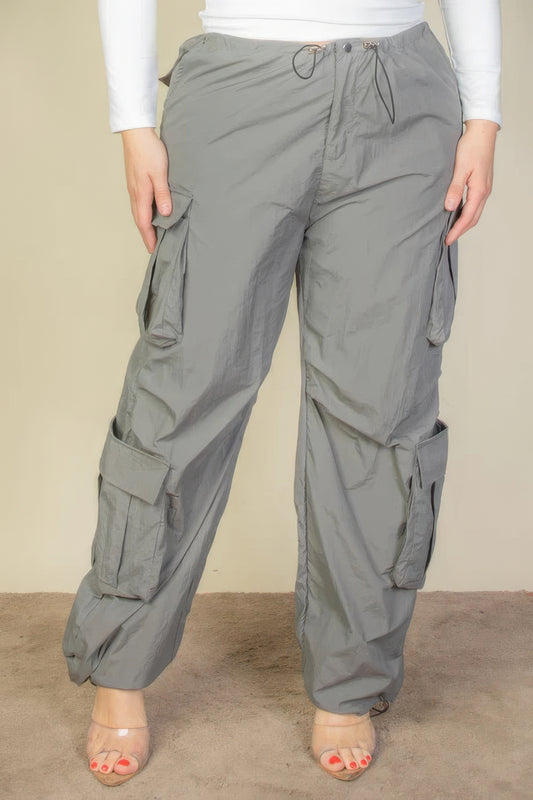 Plus Size Flap Pockets Drawstring Ruched Parachute Pants - Pewter