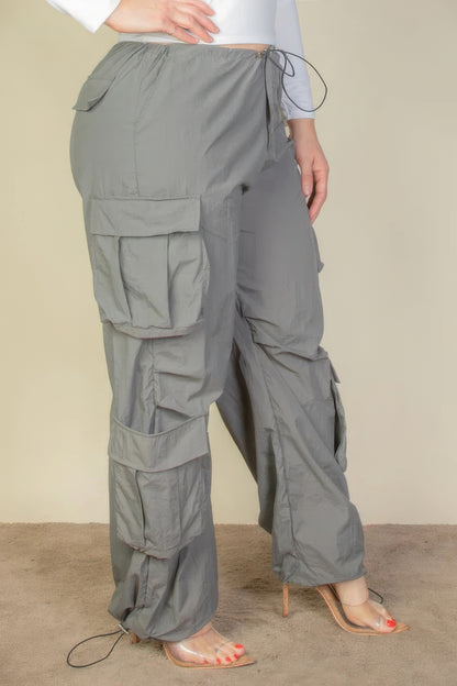 Plus Size Flap Pockets Drawstring Ruched Parachute Pants - Pewter