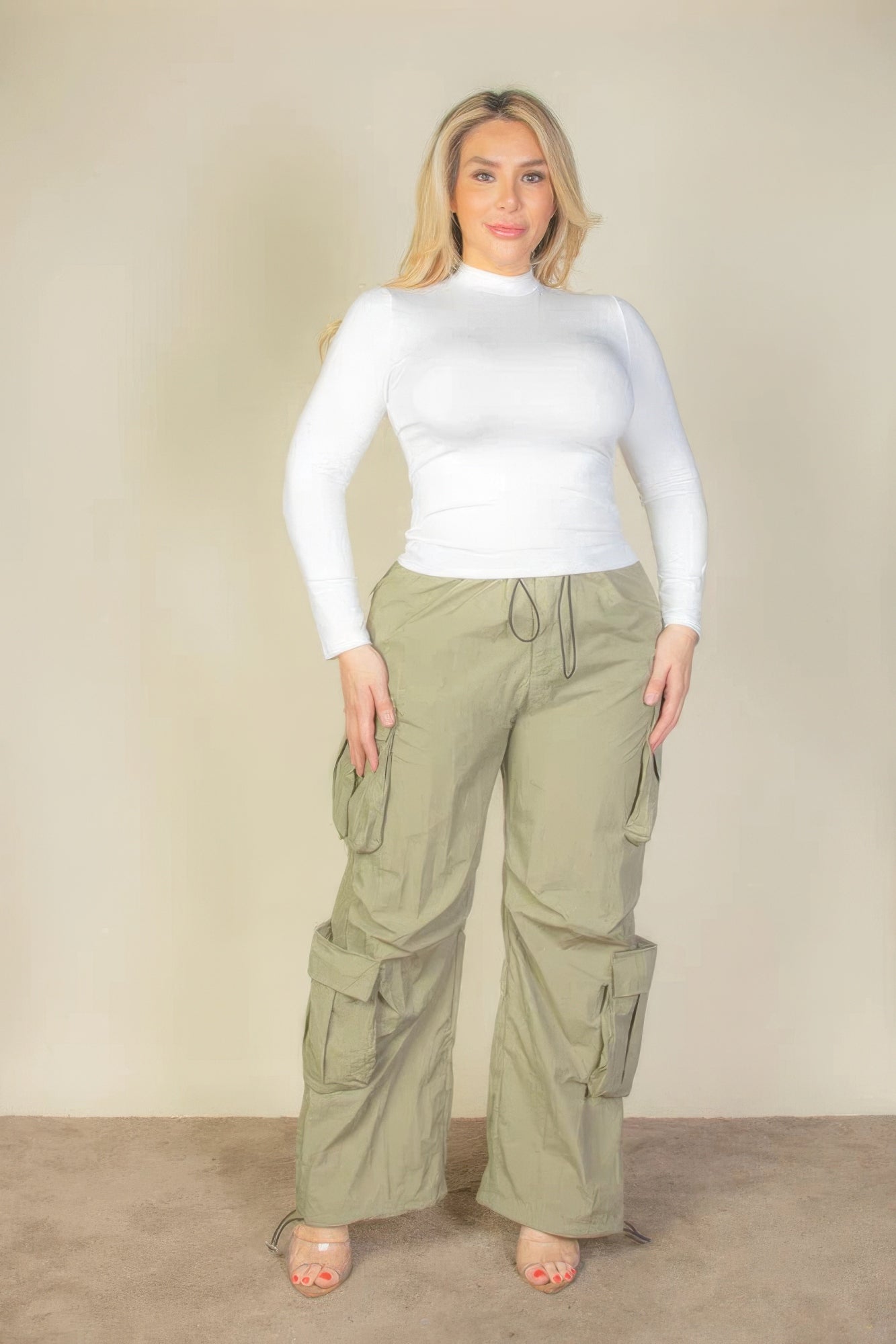 Plus Size Flap Pockets Drawstring Ruched Parachute Pants - Olive