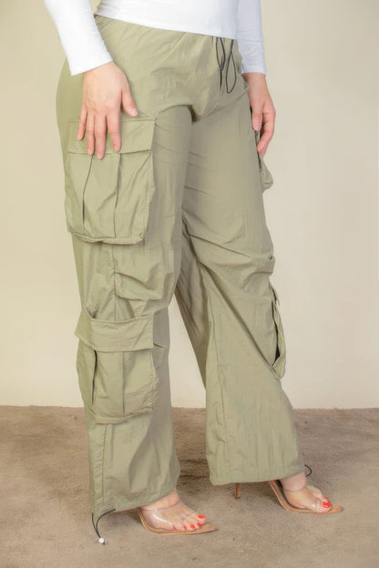 Plus Size Flap Pockets Drawstring Ruched Parachute Pants - Olive