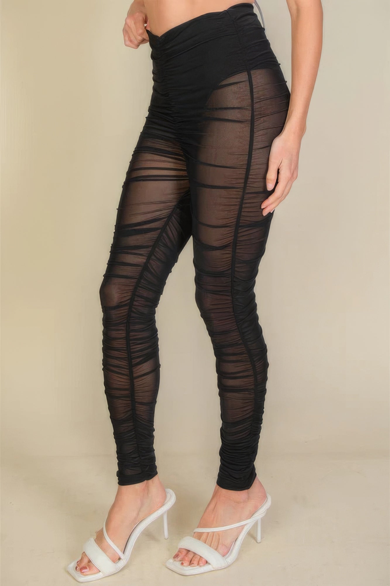 Ruched Poly Mesh Leggings - Black