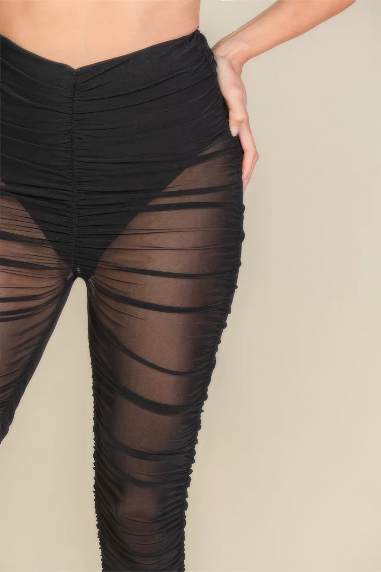 Ruched Poly Mesh Leggings - Black