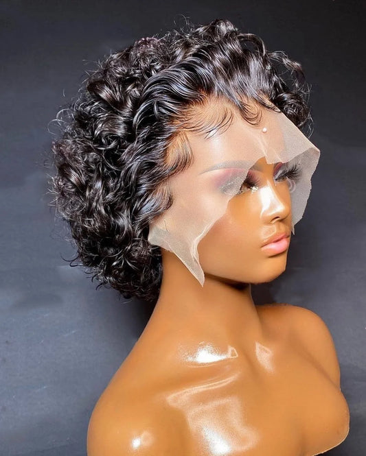 Pixie Cut Deep Peruvian Water Wave 13"x 2" Lace Front Wig 180% Density