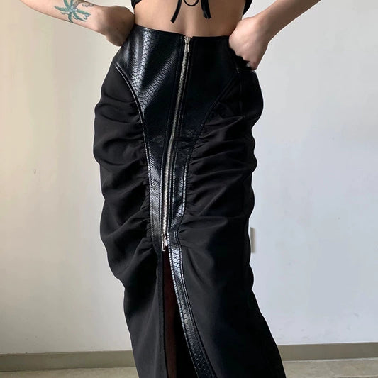 Women's High Waist Ruche Snake Print Patchwork Faux Leather Zipper Skirt