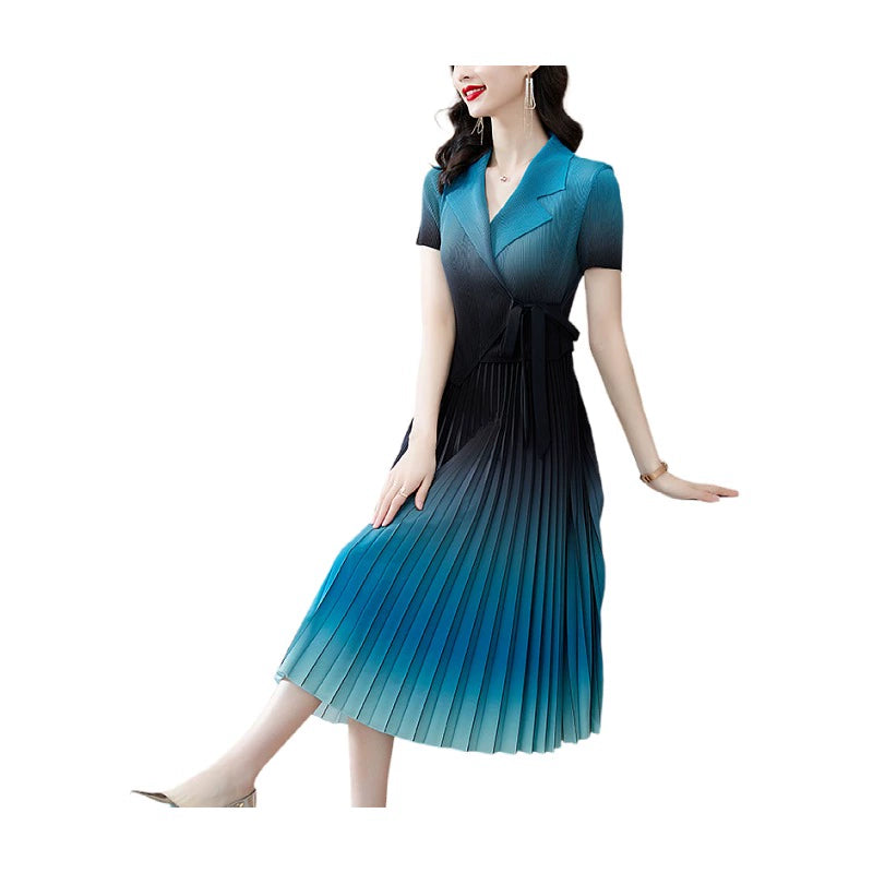 Women's Ombre Short Sleeved Collared Tie Waist Pleated Dress