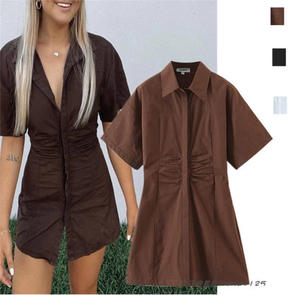 Ruche Waist Short-Sleeved Shirt Dress