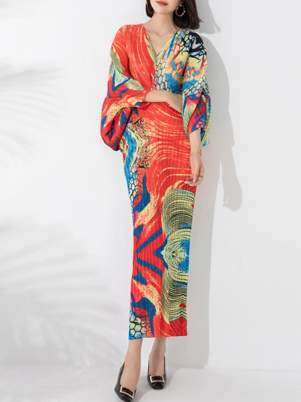 Dotti's Batwing Sleeve Ruche Waist Abstract Print Dress