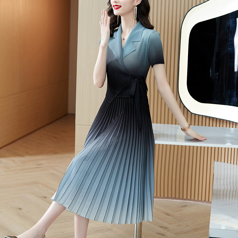 Women's Ombre Short Sleeved Collared Tie Waist Pleated Dress