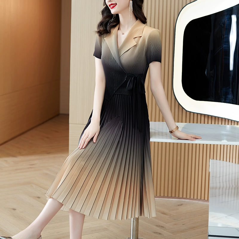 Women's Ombre Short Sleeved Collared Tie Waist Pleated Dress