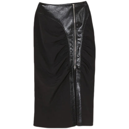 Women's High Waist Ruche Snake Print Patchwork Faux Leather Zipper Skirt