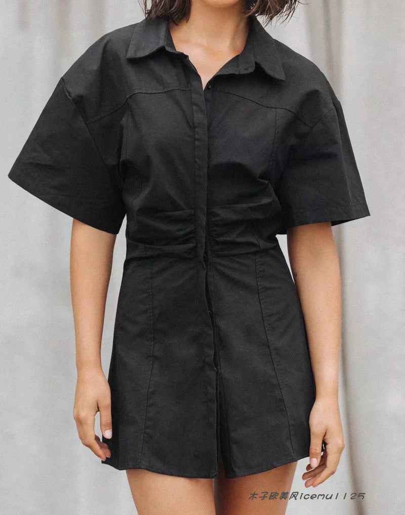 Ruche Waist Short-Sleeved Shirt Dress