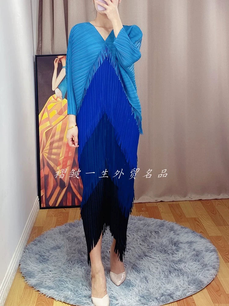 One Size Batwing Sleeve Multi Color Fringe Dress