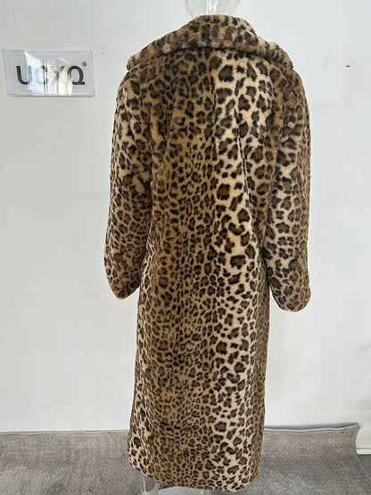 Long Fluffy Faux Leopard Fur Coat