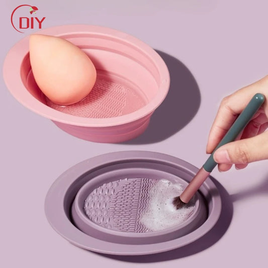 Collapsible Silicone Makeup Brush Scrubber Cleaning Mat Bowl