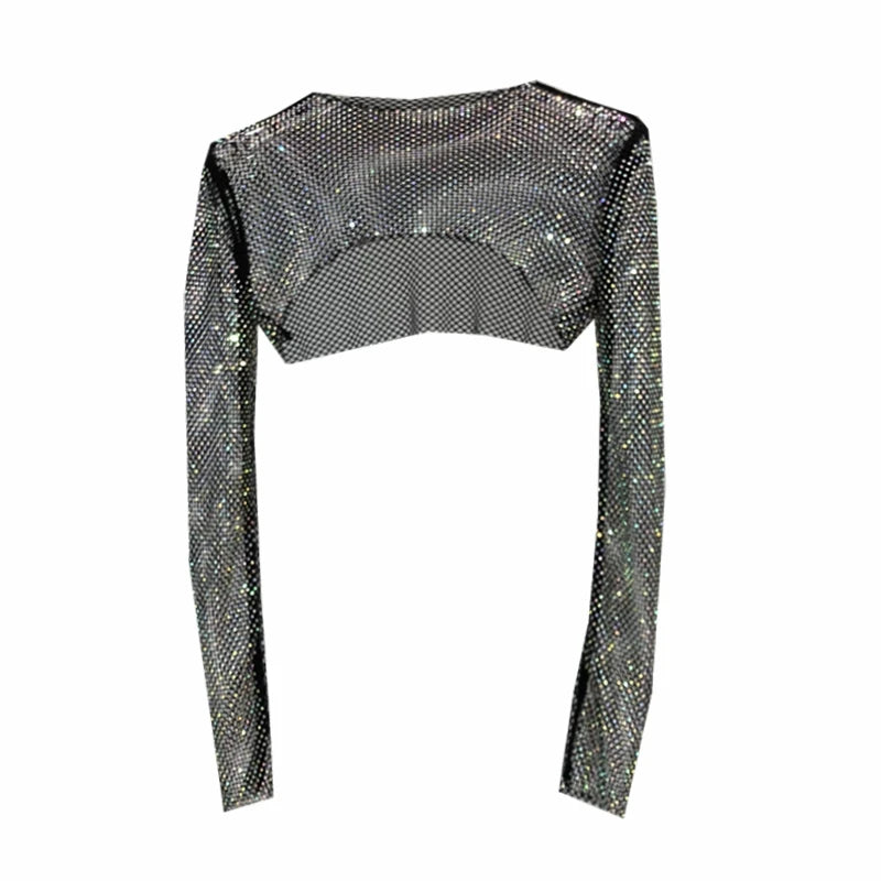 Rhinestone Mesh Long Sleeve Cut Off Accent Top