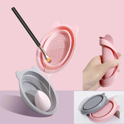 Collapsible Silicone Makeup Brush Scrubber Cleaning Mat Bowl