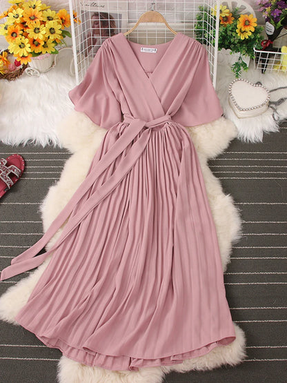 V-neck Short Sleeve Tie Waist Pleated Chiffon Dress