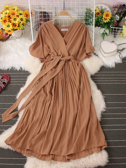 V-neck Short Sleeve Tie Waist Pleated Chiffon Dress