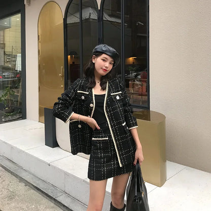 Plaid Woolen Tweed Jacket + Mini Skirt Two Piece Office Set