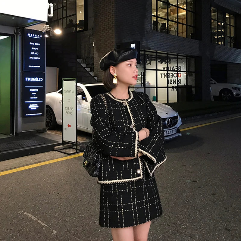 Plaid Woolen Tweed Jacket + Mini Skirt Two Piece Office Set