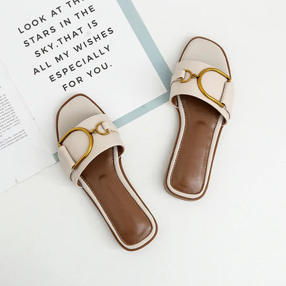 Women Leather Square Toe Slippers