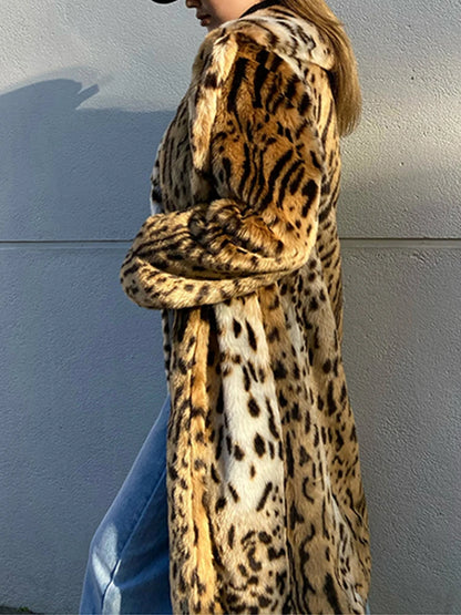 Long Fluffy Faux Leopard Fur Coat