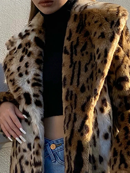 Long Fluffy Faux Leopard Fur Coat