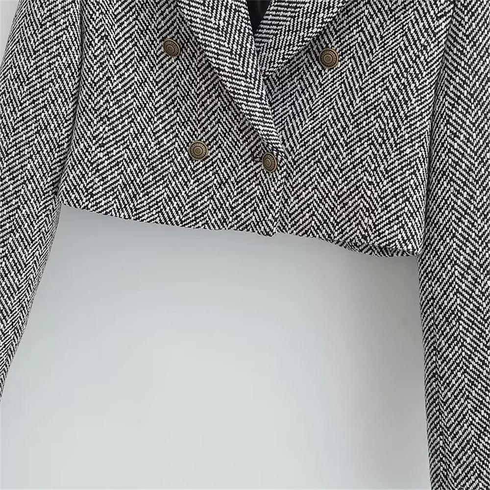 Cropped Herringbone Pattern Woolen Suit Coat