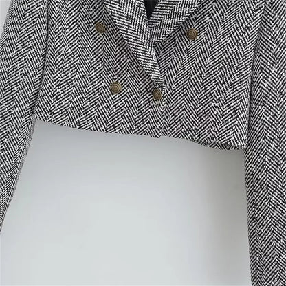 Cropped Herringbone Pattern Woolen Suit Coat