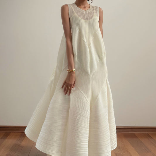 Ruche Sleeveless Long Pipe Pleated Maxi Dress