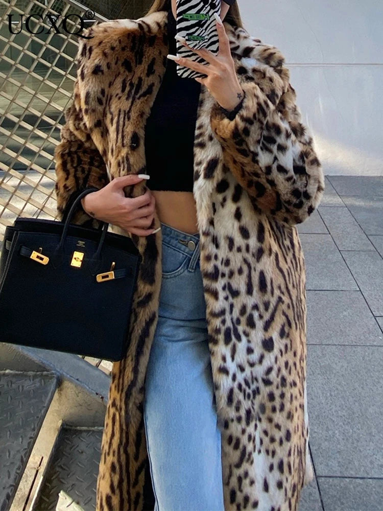 Long Fluffy Faux Leopard Fur Coat